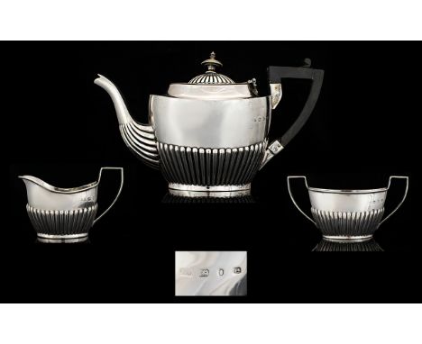 Victorian Period Solid Silver 3 Piece Bachelors Tea Service of Excellent Proportions and Size, Fluted Half Bodies Design. Hal