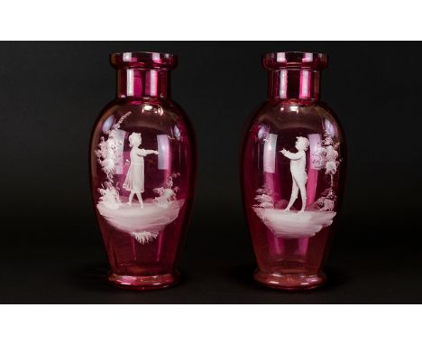 Victorian Period 1880's True Pair of ' Mary Gregory ' Style Ruby Glass Vases of Good Form and Height, Decorated to the Bodies