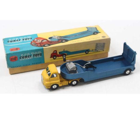 Corgi Major Toys No. 1100 Carrimore Low Loader comprising yellow body with metallic blue trailer, spun hubs, with working win