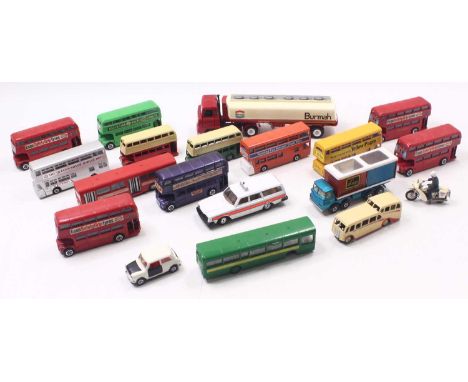 One tray containing a quantity of various loose Dinky Toy and similar diecast vehicles to include a No. 290 double decker bus