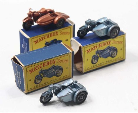 Matchbox Lesney motorcycle group of 3 comprising No. 4 Triumph 110 Motorcycle & Sidecar x2 (play worn), and No. 66 Harley Dav