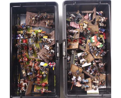 Two tool boxes containing a quantity of 28mm scale war gaming miniatures to include Spanish, Napoleonic, and Prussian interes