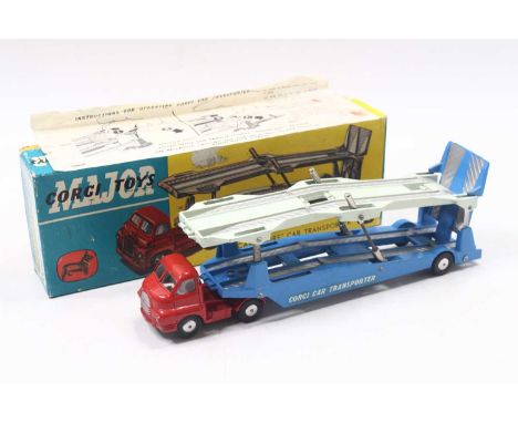 Corgi Toys No. 1101 Bedford Carrimore car transporter comprising of red cab and chassis with blue and off-white rear trailer 