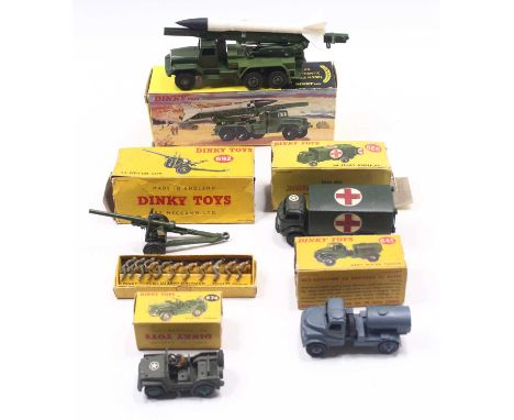 Dinky Toys group of 6 military diecast examples and others to include; No.665 Honest John, No.692 5.5 Medium Gun, No.674 Aust