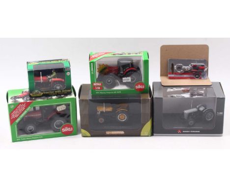 Five diecast Massey Ferguson tractors, including a 1:50 scale Siku MF8690, a 1:32 Siku MF4270, a Universal Hobbies MF 135 in 