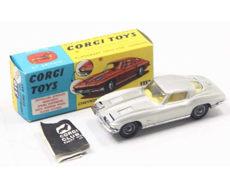 Corgi Toys 310 Chevrolet Corvette Stingray in silver body, yellow interior, chrome trim, silver base with wire wheels, in the