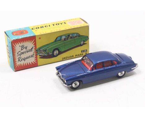 Corgi Toys No. 238 Jaguar Mk 10 comprising of a metallic dark blue body with red interior and spun hubs, housed in the origin