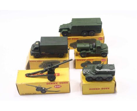 Dinky Toys group of 5 military diecast examples to include; No.677 Armoured Command Vehicle, No.692 5.5 Medium Gun, No.621 3-