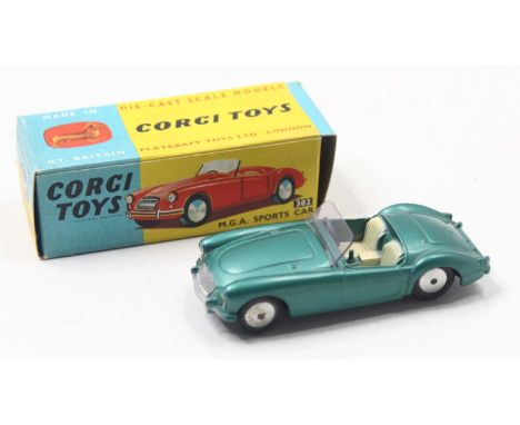 Corgi Toys, 302, MGA Sports Car, metallic green body with silver detailed grille, cream seats with plastic windshield, smooth