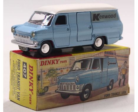 A Dinky Toys No. 407 Ford Transit van comprising of a light blue body with a white roof and red interior, complete with Kenwo