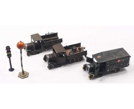 Britains group of 3 loose and playworn military models to include; No.1512 Army Ambulance, No.1335 6 Wheel Tipping Lorry and 