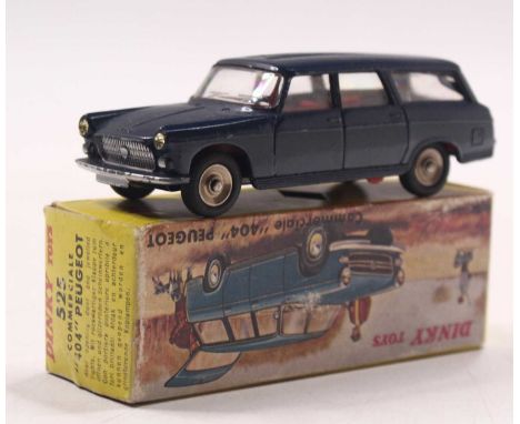 French Dinky 525 Peugeot 404 Estate, dark blue body, red interior, silver trim, chrome spun hubs with black treaded tyres, in