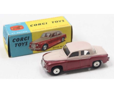 Corgi Toys, 204, Rover 90 saloon, two-tone metallic cerise with white upper body, smooth cast hubs, in the original blue and 