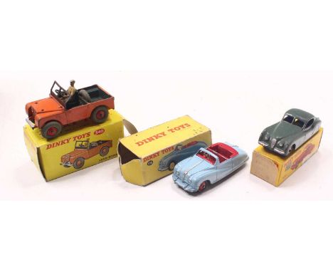 Dinky Toys group of 3 to include; No.340 Land-Rover, No.106 Austin Atlantic Convertible in light blue body and a No.157 Jagua