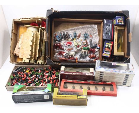 A large collection of mainly Britains plastic soldiers, with Solido vehicles, such as Jeeps, APCs, and others, with some lead