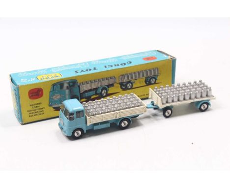Corgi Toys Gift Set No. 21 ERF dropside lorry and platform trailer with milk churns in blue and white with silver churns and 