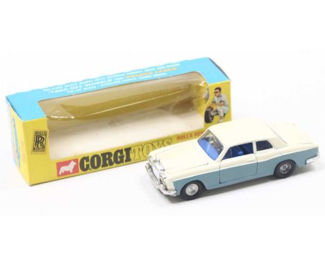Corgi Toys No. 273 Rolls Royce Silver Shadow, with golden jacks, pearlescent white upper, grey lower, blue interior, in the o