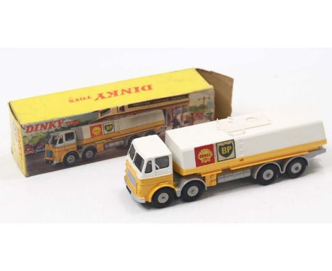 Dinky Toys No. 944 Shell BP Leyland Octopus Petrol Tanker comprising white, yellow and grey body with grey plastic hubs, in t