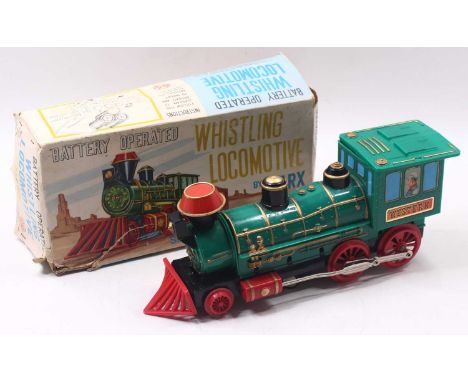Marx Toys Battery operated tinplate model of a Whistling Locomotive, housed in a pictorial card box