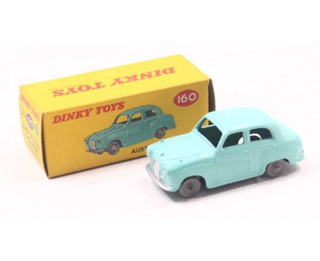 Dinky Toys No. 160 Austin A30 saloon comprising turquoise body with grey plastic wheels, housed in the original correct colou