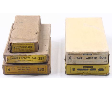 Dinky Toys Empty Trade Boxes group of 5 to include; No.42B Police Motorcycle Patrol, No.23S Streamline Racing Car, No.673 Sco