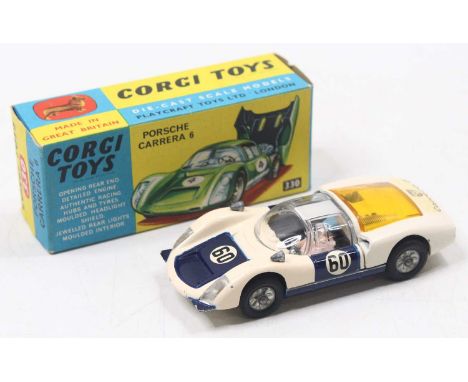 Corgi Toys, 330, Porsche Carrera 6, white and dark blue body with racing number 60, housed in the original card box with leaf