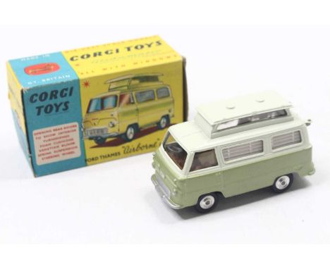 Corgi Toys, 420, Ford Thames Airborne Caravan, olive green lower body with pale green upper, brown interior with spun hubs, i