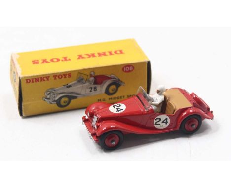 Dinky Toys 108 MG Midget, red body with red wheels, Racing No.24 with driver , in the original box with correct colour spot (