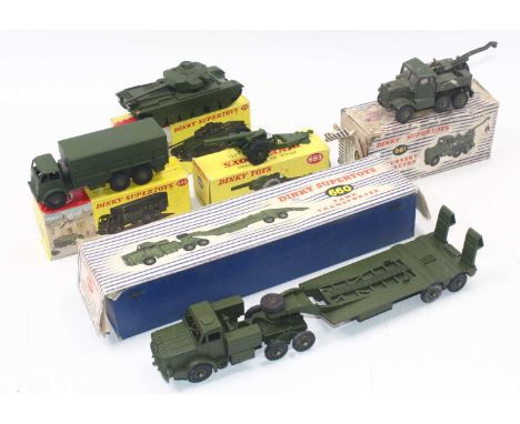 Dinky Toys group of 5 military diecast to include; No.660 Tank Transporter, No.622 10-Ton Army Truck, No.651 Centurion Tank, 