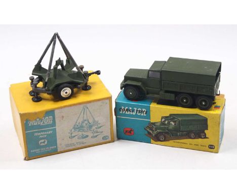 Corgi Toys group of 2 to include; No.1118 International 6x6 Army Truck, military green body, with tow hook and a No. Corgi Ma