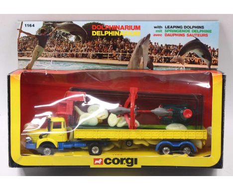 Corgi 1164 Berliet "Dolphinarium" Truck and Trailer, yellow, blue black interior, red roof light, chrome trim and wheels, wit