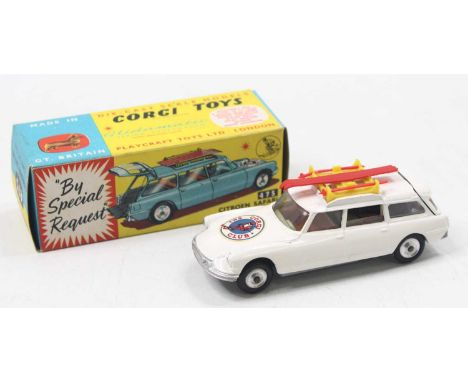 Corgi Toys, 475 Corgi Ski Club Citroen Safari, white body with red roof rack, 2 skis and 2 poles, with figure, brown and gree