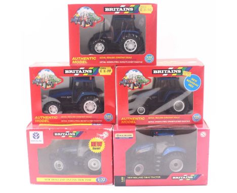 Five various boxed Britains 1/32 scale New Holland related diecast tractors to include a No. 9487 New Holland 6635 tractor, a