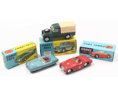 Corgi Toys group of 3 worn or repainted diecasts to include; No.300 Austin Healey Sports in red body, No.151 Lotus Mark Eleve