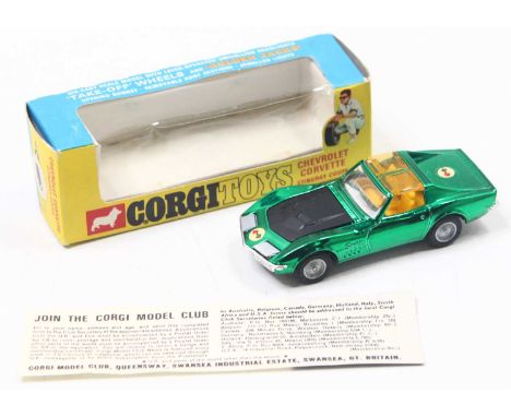Corgi Toys No. 300 Chevrolet Corvette Stingray in Metallic green body, black bonnet, amber roof panel "Golden Jacks" Take-Off