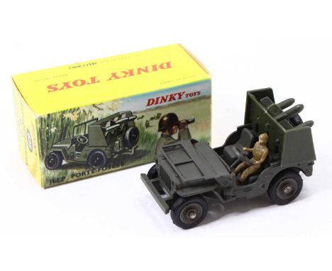French Dinky Toys Military, 828 Jeep SS10 missile launcher, military green body, driver, concave hubs, sold in all card yello