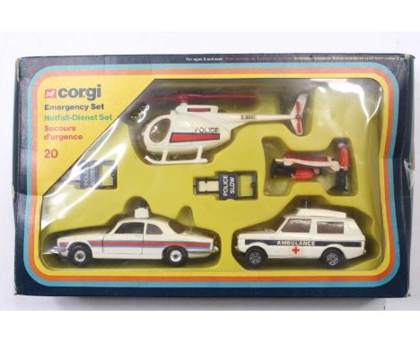 Corgi Toys No. 20 Emergency Services gift set comprising Police car, ambulance, 2 plastic signs, helicopter, paramedics and p