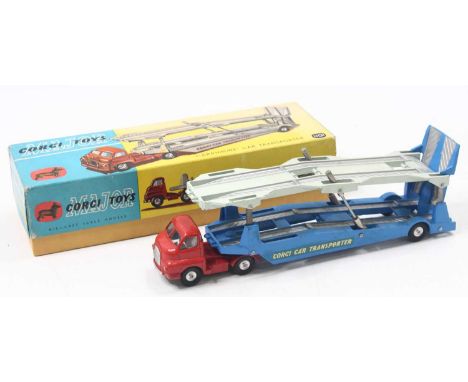 Corgi Toys No. 1101 Bedford Carrimore car transporter comprising of red cab and chassis with blue and off-white rear trailer 