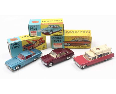 Dinky Toys group of 3 to include; No.241 Ghia L.64 in metallic blue with red interior, No.437 Superior Ambulance and a No.252