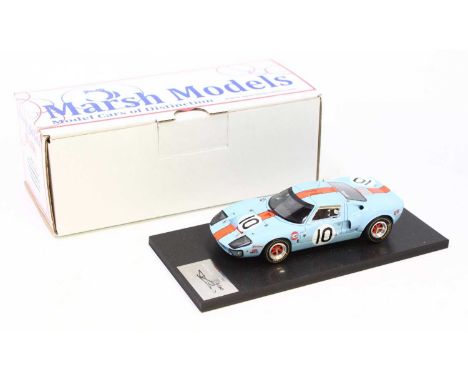 A Marsh Models No. MM247 1/43 scale factory hand built model of a Gulf Ford GT40 1968 Le Mans race car, as driven by Hawkins 