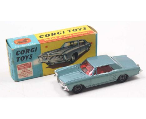 Corgi Toys No. 245 Buick Riviera comprising of light metallic blue body with red interior and wire work hubs, sold in the ori