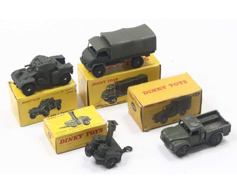 Dinky Toys French group of 4 military diecast to include; No.814 AML Panhard, No.821 Military Unimog Mercedes Benz, No.823 Co