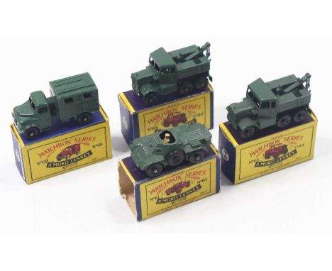 Matchbox Moko Lesney group of 4 military diecasts to include; No.64 Scamell Breakdown Truck x2, No.61 Ferret Scout Car and No