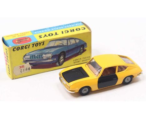Corgi Toys No. 332 Lancia Zagato Fulvia, yellow body with black bonnet and black doors, brown interior, in the original blue 