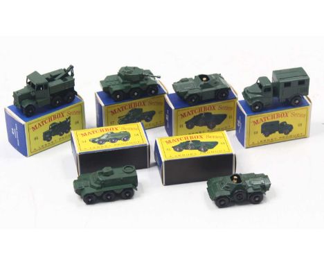 Matchbox Lesney group of 6 military diecast to include; No.64 Scamell Break Down Truck, No.54 Saracen Carrier, No.61 Army Sco