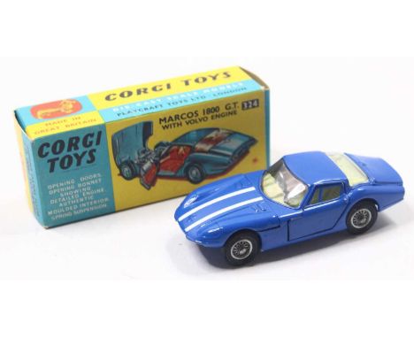 Corgi Toys No. 324 Marcos Volvo 1800 GT, blue body with white bonnet stripes, blue interior with wire hubs, in the original b
