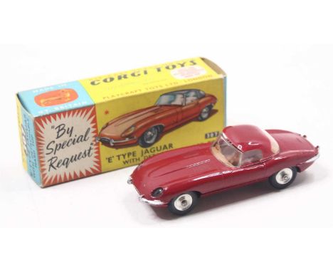 Corgi Toys No. 307 'E' type Jaguar with detachable hard-top, plum red body and top, in yellow and blue box (NM-M,BVG)