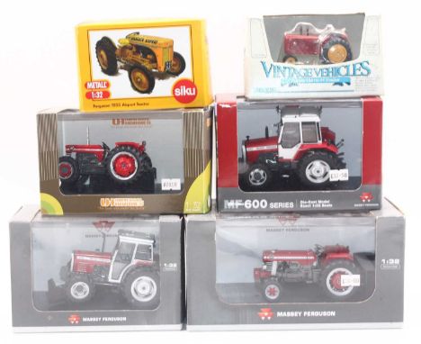 Six diecast tractors, including an Ertl vintage vehicles Massey Harris 44 tractor, a Siku Model farmer 2008 anniversary model