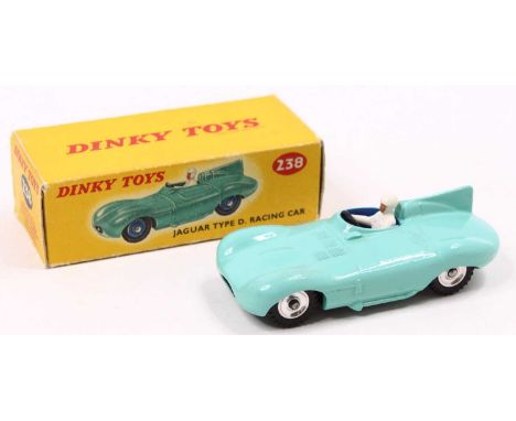 A Dinky Toys 238 Jaguar D. Type Racing Car in Turquoise with silver spun hubs and metal steering wheel, a few paint blemishes