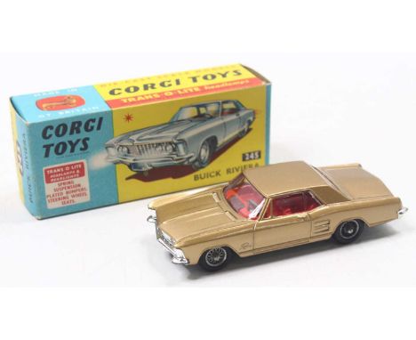 Corgi Toys No. 245 Buick Riviera comprising gold body with red interior and wire work cast hubs, in the original blue &amp; y